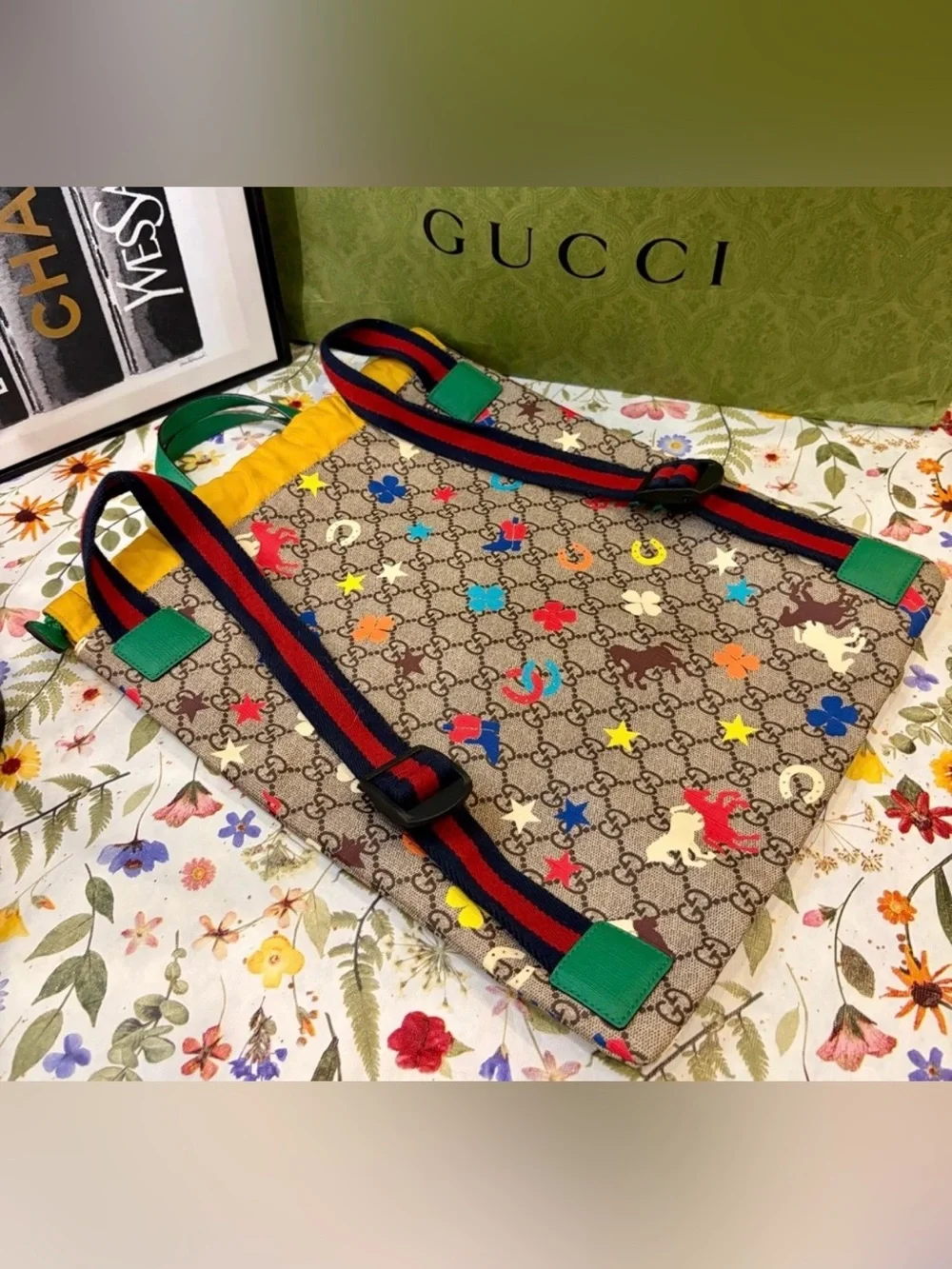EUC! GUCCI Kids Beige GG Canvas Backpack with Yellow Trim & Multicolor Icons🐴⭐️